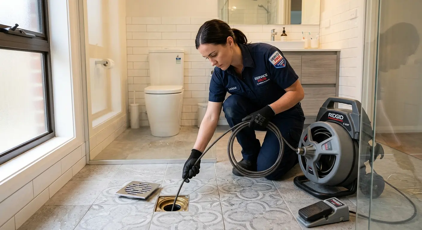 Technician clearing a bathroom floor drain for Sewer Line Replacement in White City